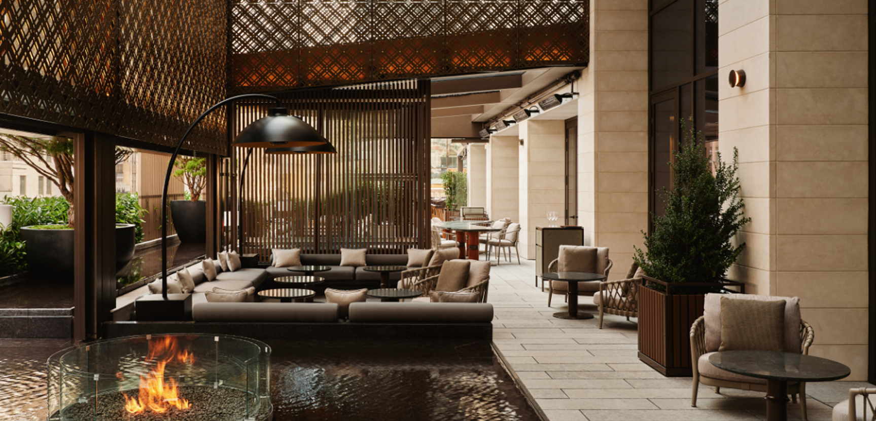 A shaded terrace lounge at a luxury hotel